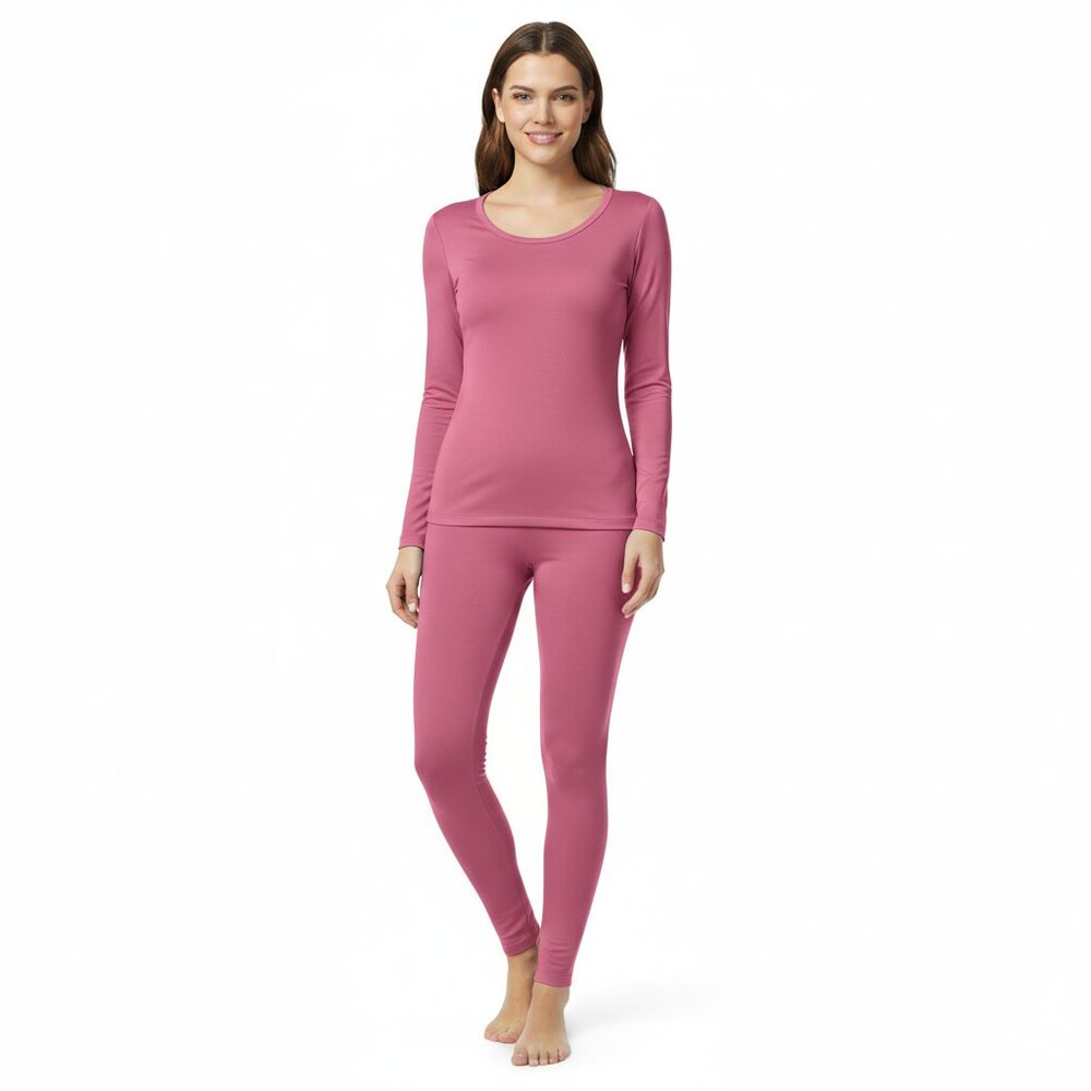 Women's Microfiber Fleece Lined Thermals 2-pc Set, Pink